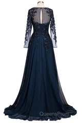 Dark Navy Long A-line Jewel Tulle Formal Evening Dress with Sleeves