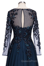 Dark Navy Long A-line Jewel Tulle Formal Evening Dress with Sleeves