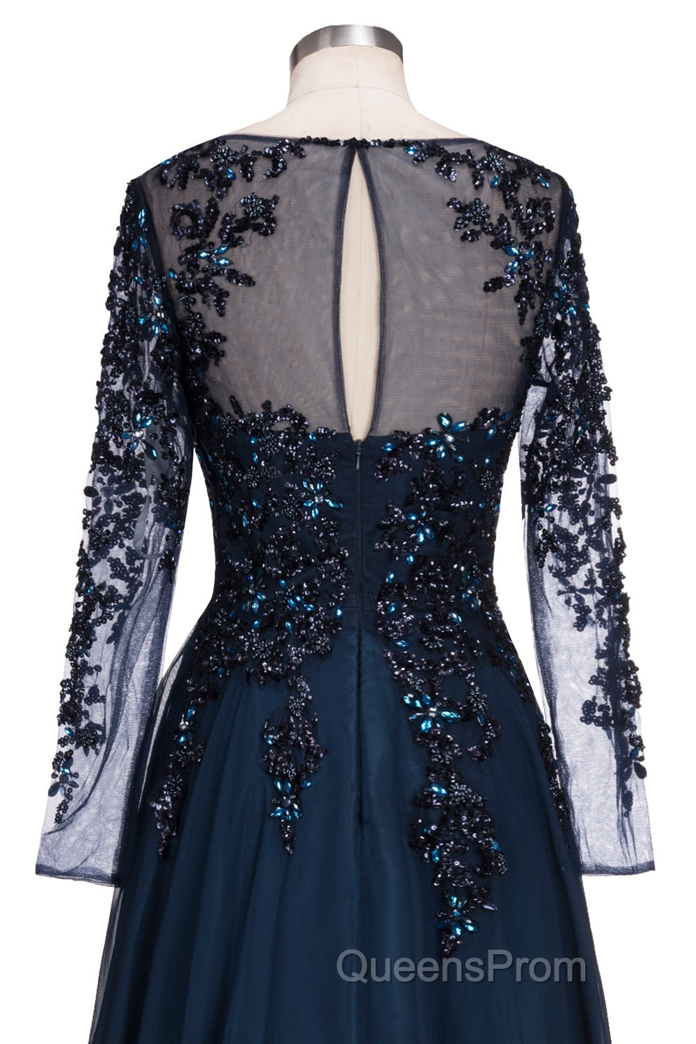 Dark Navy Long A-line Jewel Tulle Formal Evening Dress with Sleeves