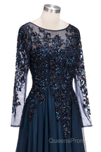 Dark Navy Long A-line Jewel Tulle Formal Evening Dress with Sleeves