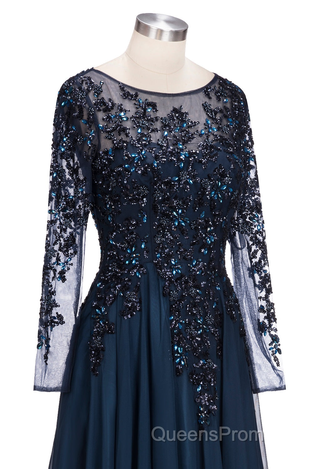 Dark Navy Long A-line Jewel Tulle Formal Evening Dress with Sleeves