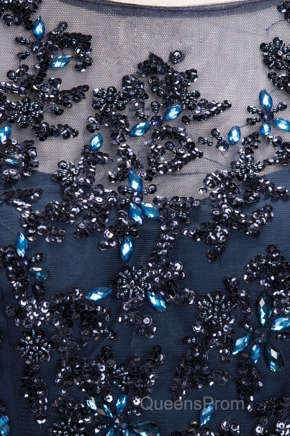 Dark Navy Long A-line Jewel Tulle Formal Evening Dress with Sleeves