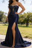 Dark Navy Mermaid Sweetheart Corset Long Prom Dress with Slit
