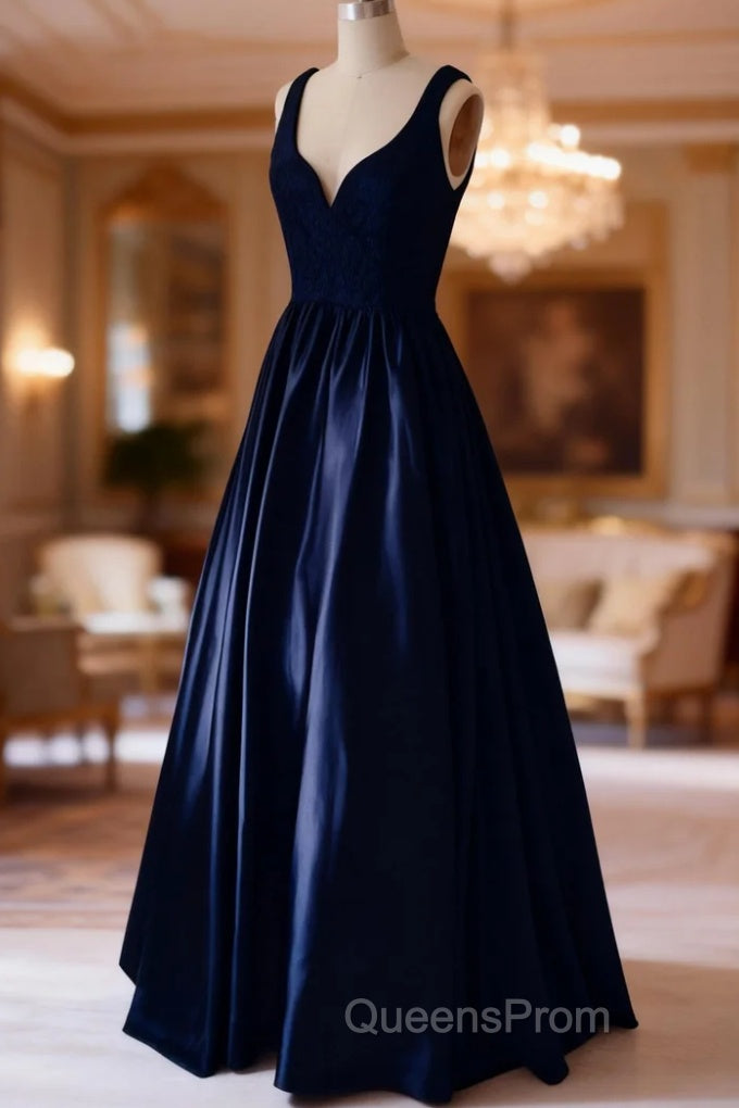 Dark Navy Evening Prom Dress, A-line/Princess V Neck Sleeveless Long/Floor-Length Satin Evening Prom Dress