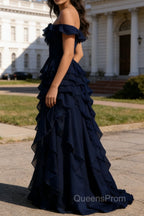 Dark Navy Ruffled A-Line Square Neck Long Prom Dress