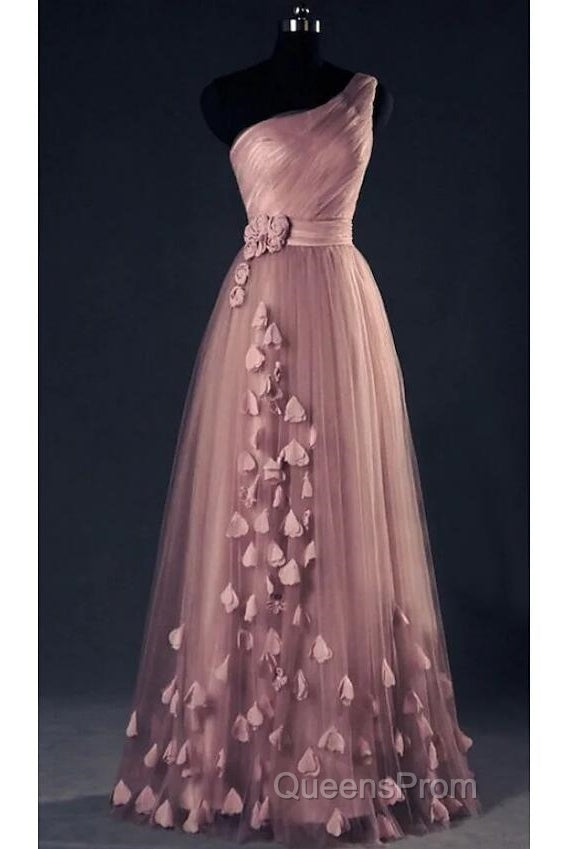 Dark Pink One Shoulder Flowers Tulle Bridesmaid Dress, A-Line Pink Evening Prom Dress Secondary image