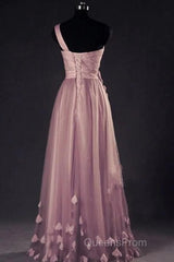 Dark Pink One Shoulder Flowers Tulle Bridesmaid Dress, A-Line Pink Evening Prom Dress