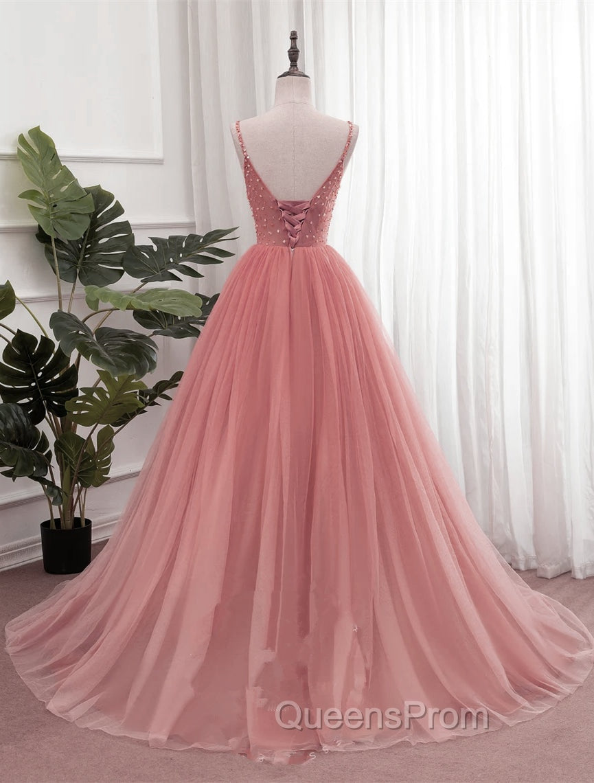 Dark Pink Sequins V-neckline Straps Long Evening Dress, Tulle Pink Evening Prom Dress Secondary image