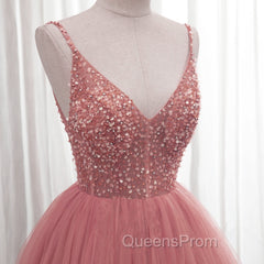 Dark Pink Sequins V-neckline Straps Long Evening Dress, Tulle Pink Evening Prom Dress