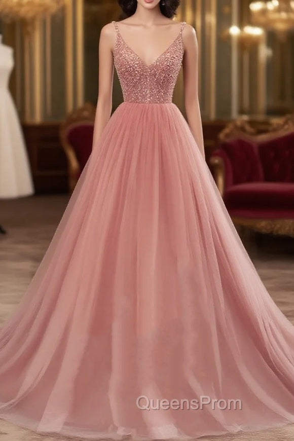 Dark Pink Sequins V-neckline Straps Long Evening Dress, Tulle Pink Evening Prom Dress Main image