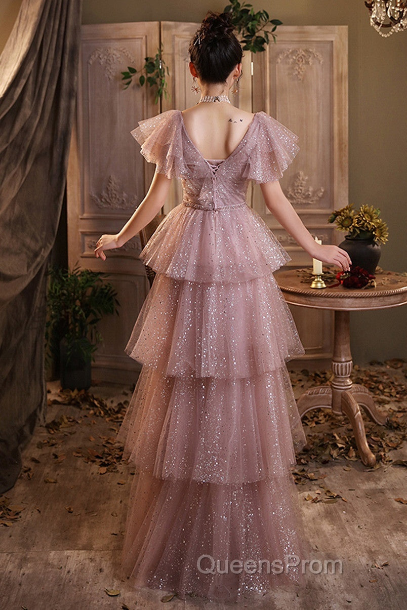 Dark Pink Shiny Tulle Short Sleeves Party Dress, Beaded Pink Tulle Evening Prom Dress
