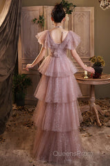 Dark Pink Shiny Tulle Short Sleeves Party Dress, Beaded Pink Tulle Evening Prom Dress