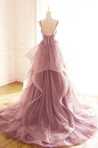 Dark Pink V-Neck Tulle Lace Evening Prom Dress,Spaghetti Strap Evening Prom Dress,Ruffle A Line Formal Dress