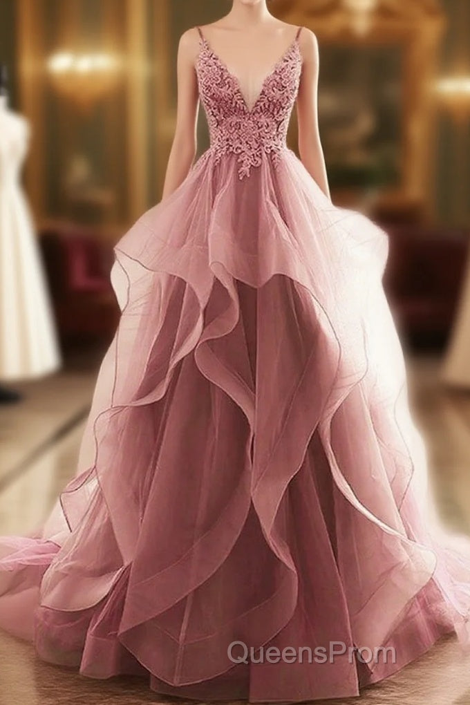 Dark Pink V-Neck Tulle Lace Evening Prom Dress,Spaghetti Strap Evening Prom Dress,Ruffle A Line Formal Dress