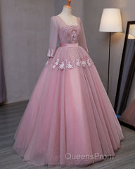 Dark Pink V-Neckline Ball Gown Lace Applique Sweet 16 Dress, Pink Evening Prom Dress Party Dress