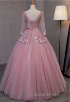 Dark Pink V-Neckline Ball Gown Lace Applique Sweet 16 Dress, Pink Evening Prom Dress Party Dress