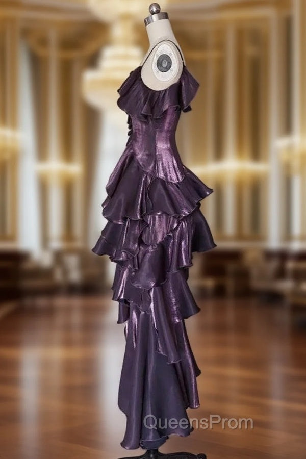 Dark Purple Asymmetrical Layered Flounce Spaghetti Strap Dress Evening Gown Main image