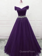 Dark Purple Beaded Tulle Off Shoulder Party Dress Purple Junior Evening Prom Dress Evening Prom Dress shops