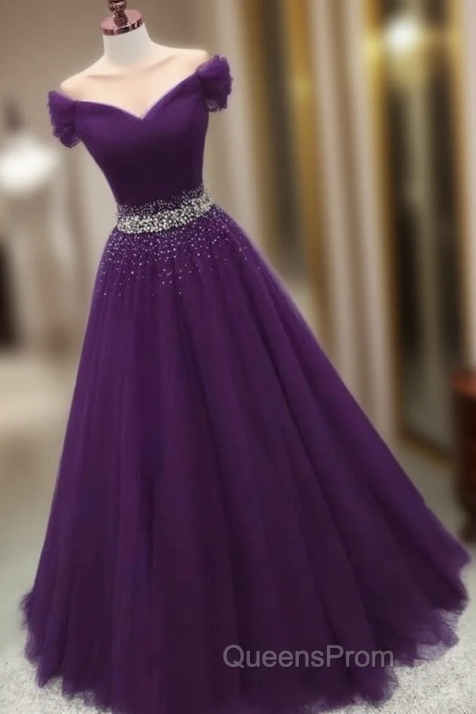 Dark Purple Beaded Tulle Off Shoulder Party Dress Purple Junior Evening Prom Dress Evening Prom Dress shops Main image