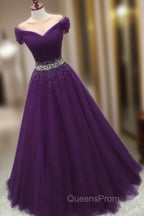 Dark Purple Beaded Tulle Off Shoulder Party Dress Purple Junior Evening Prom Dress Evening Prom Dress shops