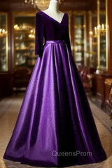 Dark Purple Long Sleeves V-neckline Velvet and satin Long Party Dress, Long Evening Dress Evening Prom Dress