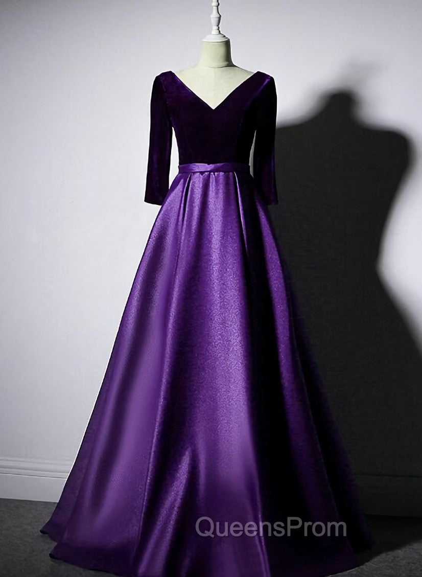 Dark Purple Long Sleeves V-neckline Velvet and satin Long Party Dress, Long Evening Dress Evening Prom Dress Main image