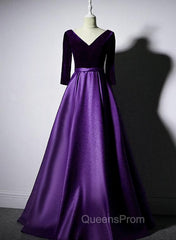 Dark Purple Long Sleeves V-neckline Velvet and satin Long Party Dress, Long Evening Dress Evening Prom Dress
