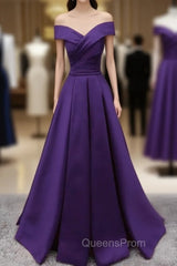 Dark Purple Off Shoulder Satin Long Evening Gown, Evening Prom Dress