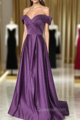 Dark Purple Satin Off Shoulder Long Evening Dress, Purple Evening Dress Evening Prom Dress