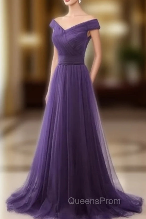 Dark Purple Sweetheart Tulle Off Shoulder Bridesmaid Dress, Long Evening Prom Dress Main image