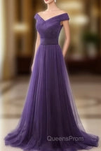 Dark Purple Sweetheart Tulle Off Shoulder Bridesmaid Dress, Long Evening Prom Dress