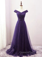 Dark Purple Sweetheart Tulle Off Shoulder Bridesmaid Dress, Long Evening Prom Dress