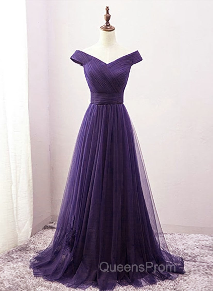 Dark Purple Sweetheart Tulle Off Shoulder Bridesmaid Dress, Long Evening Prom Dress