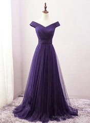 Dark Purple Sweetheart Tulle Off Shoulder Bridesmaid Dress, Long Prom Dress