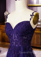 Dark Purple Sweetheart Tulle with Lace Straps Party Dress, Dark Purple Evening Prom Dress