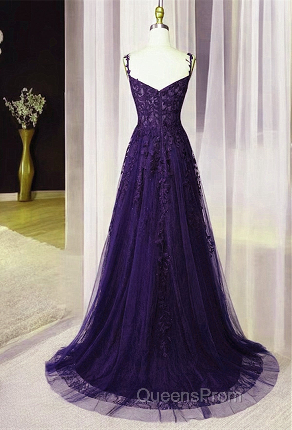 Dark Purple Sweetheart Tulle with Lace Straps Party Dress, Dark Purple Evening Prom Dress