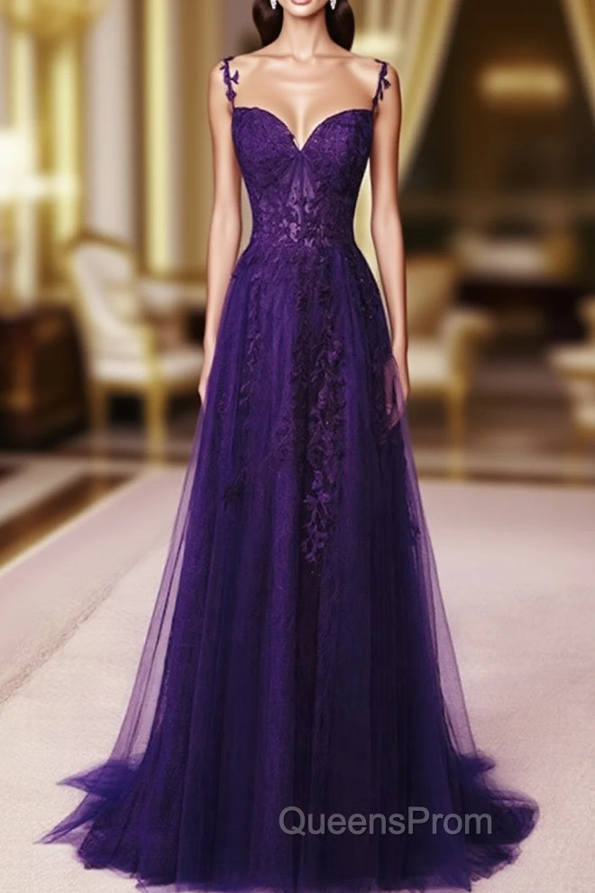 Dark Purple Sweetheart Tulle with Lace Straps Party Dress, Dark Purple Evening Prom Dress Main image