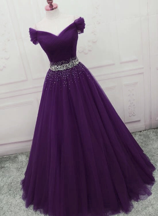 Dark Purple Tulle Beaded Off Shoulder Party Dress, Purple A-Line Classy Prom Dress Main image