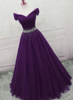 Dark Purple Tulle Beaded Off Shoulder Party Dress, Purple A-Line Classy Prom Dress