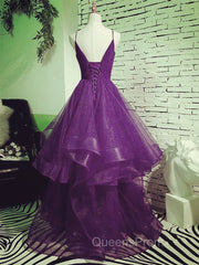 Dark Purple Tulle Layers Evening Gown, Purple Evening Party Dress