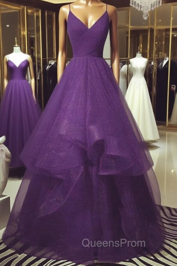 Dark Purple Tulle Layers Evening Gown, Purple Evening Party Dress Main image