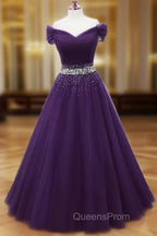 Dark Purple Tulle Long Evening Prom Dress, Junior Evening Prom Dress