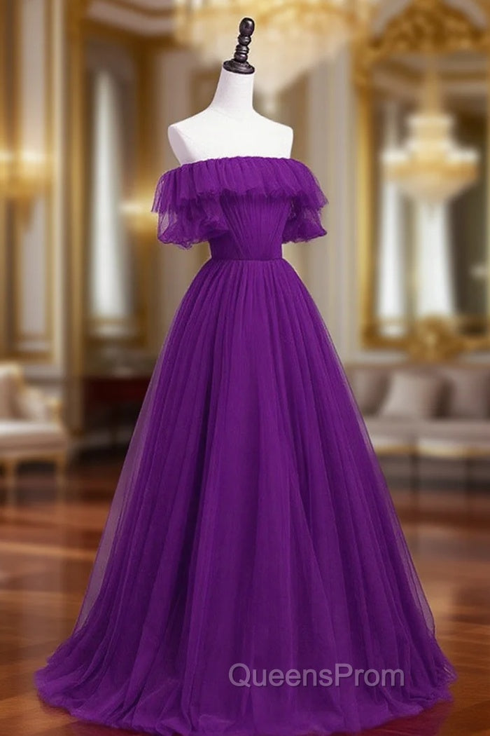 Dark Purple Tulle Off Shoulder Long Party Dress, A-line Purple Evening Prom Dress Main image