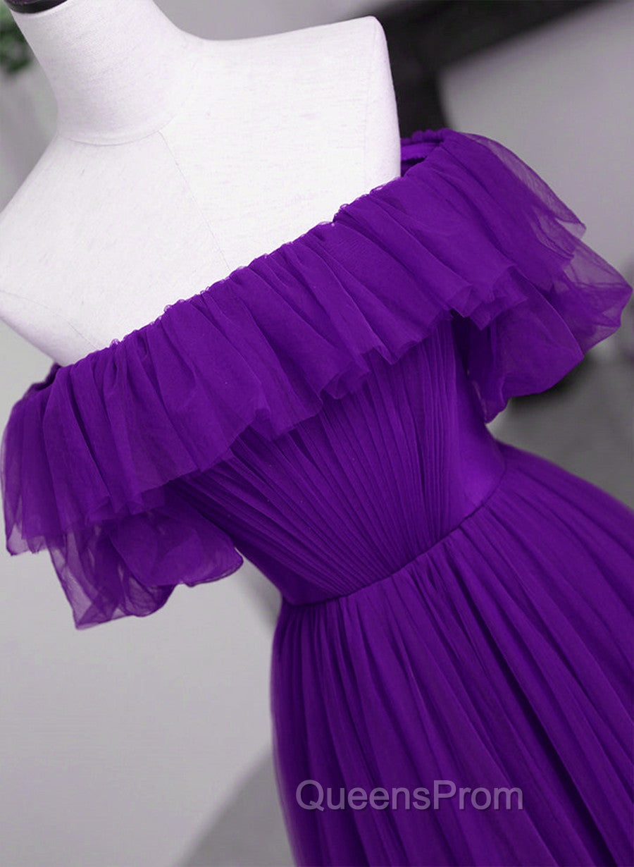 Dark Purple Tulle Off Shoulder Long Party Dress, A-line Purple Evening Prom Dress