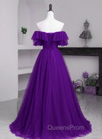 Dark Purple Tulle Off Shoulder Long Party Dress, A-line Purple Evening Prom Dress