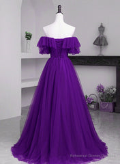 Dark Purple Tulle Off Shoulder Long Party Dress, A-line Purple Prom Dress