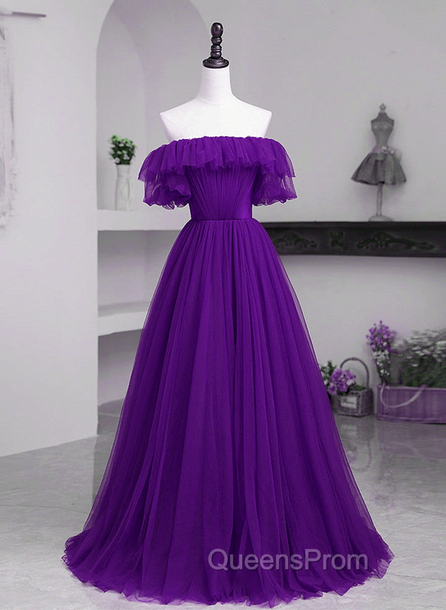 Dark Purple Tulle Off Shoulder Long Party Dress, A-line Purple Evening Prom Dress Secondary image
