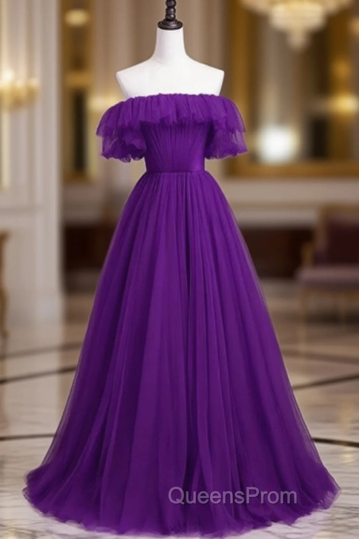 Dark Purple Tulle Off the Shoulder Pleats Evening Prom Dress