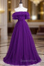 Dark Purple Tulle Off the Shoulder Pleats Evening Prom Dress