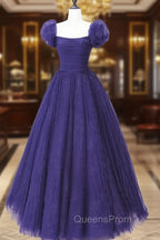 Dark Purple Tulle Scoop A-line Long Evening Dress, Dark Purple Evening Dress Evening Prom Dress